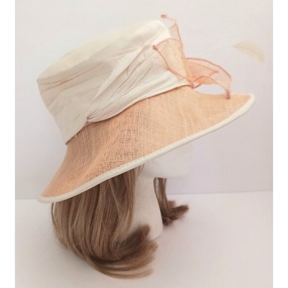 Halo Handmade in England Straw Hat Ivory Dupioni Silk Tan Mesh Bow & Brim S/M main image 13